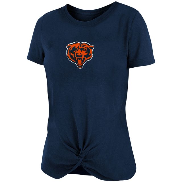 T-shirt flammé pour femme Chicago Bears New Era bleu marine avec nœud torsadé sur le devant