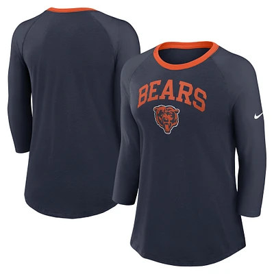 T-shirt raglan à manches 3/4 Nike pour femmes, bleu marine, Chicago Bears