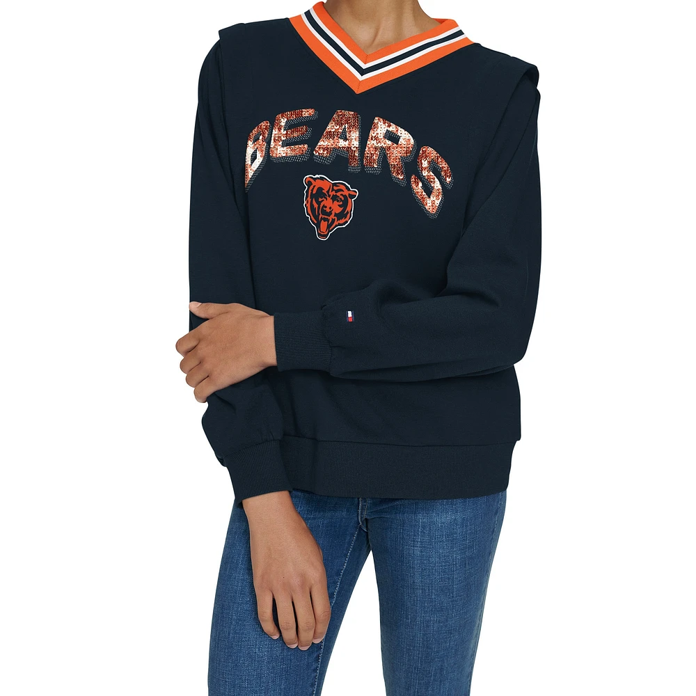 Women's Tommy Hilfiger Navy Chicago Bears Alice V-Neck Pullover Sweatshirt