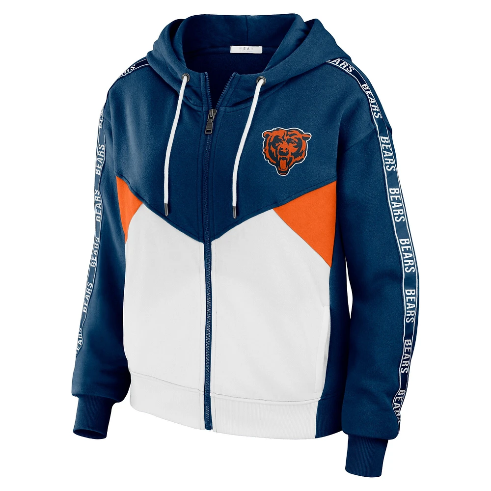 Sweat à capuche court zippé léger et modeste blocs de couleurs bleu marine/blanc pour femme WEAR by Erin Andrews des Chicago Bears