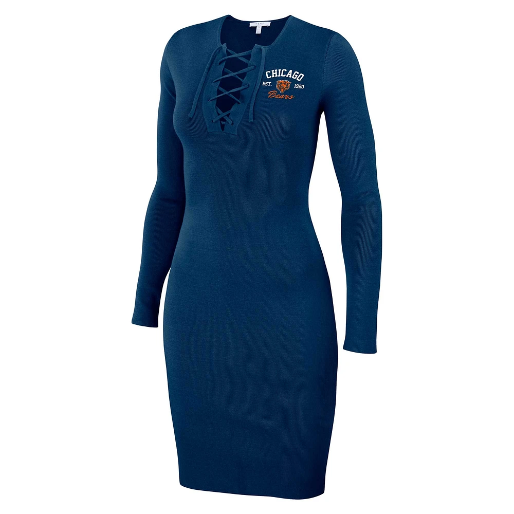 Women's WEAR by Erin Andrews Navy Chicago Bears Lace Up Long Sleeve Dress