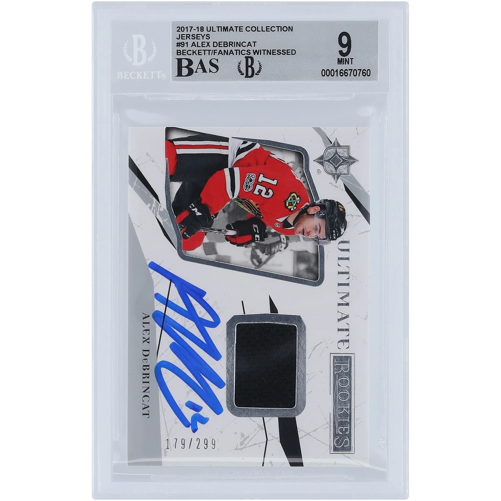 Alex DeBrincat Chicago Blackhawks dédicacés 2017-18 Upper Deck Ultimate Collection Maillots Black Relic #91 #/299 Beckett Fanatics Témoin authentifié 9/10 Rookie Card