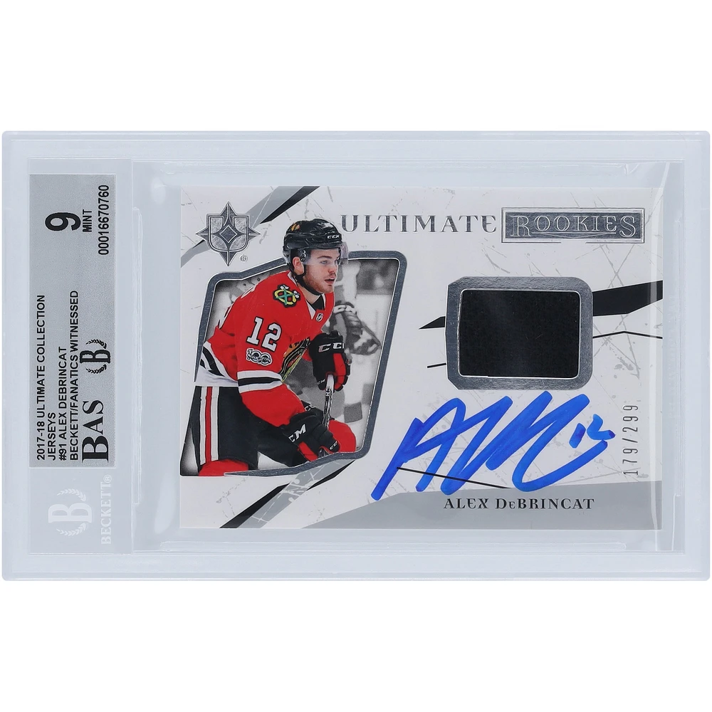 Alex DeBrincat Chicago Blackhawks dédicacés 2017-18 Upper Deck Ultimate Collection Maillots Black Relic #91 #/299 Beckett Fanatics Témoin authentifié 9/10 Rookie Card