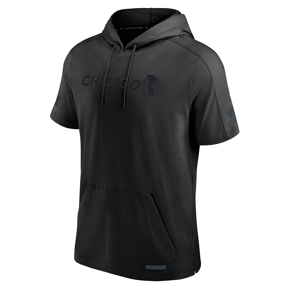 Men's Fanatics  Black Chicago Blackhawks Authentic Pro Road Lightweight Short Sleeve Pullover Hoodie
