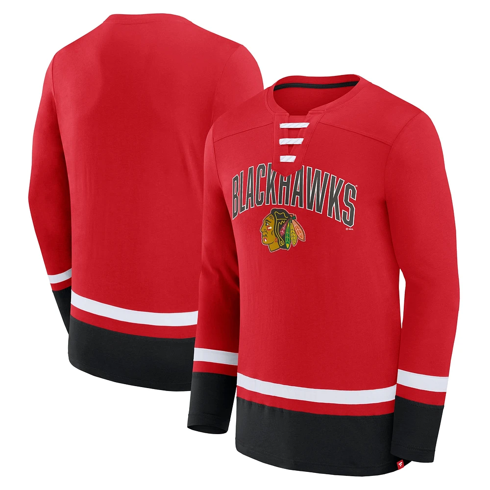 Men's Fanatics Red Chicago Blackhawks Back Pass Lace-Up Long Sleeve T-Shirt