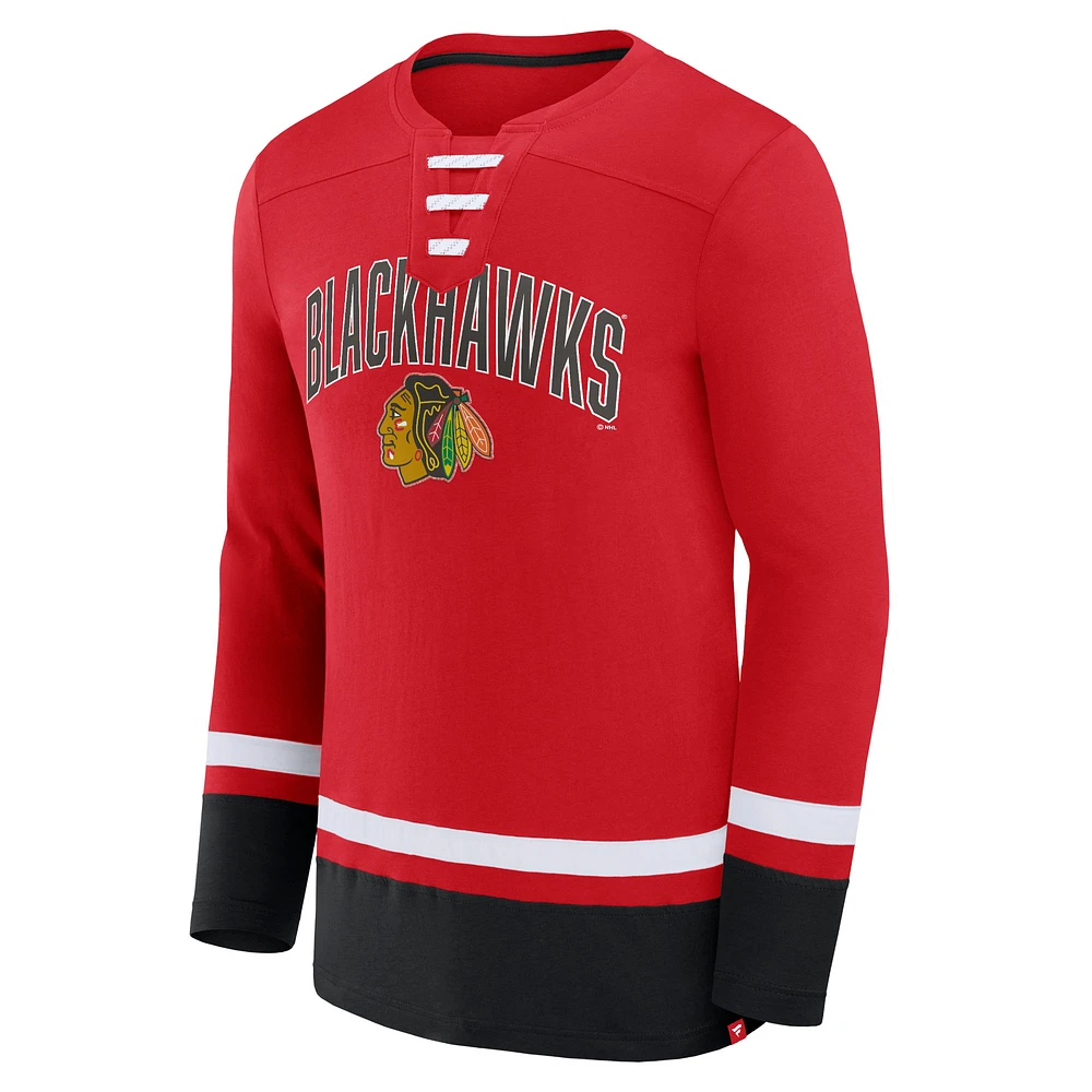 Men's Fanatics Red Chicago Blackhawks Back Pass Lace-Up Long Sleeve T-Shirt