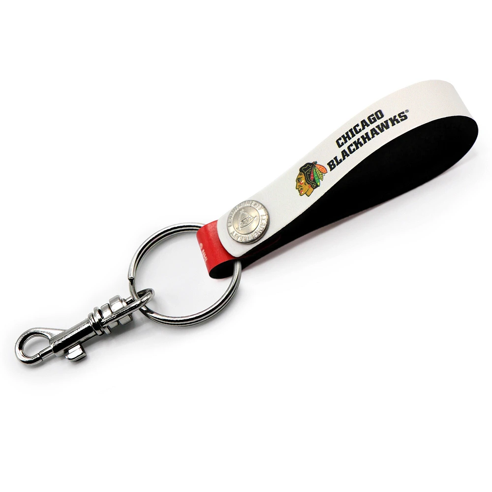 White Chicago Blackhawks Personalized Leather Loop Keychain