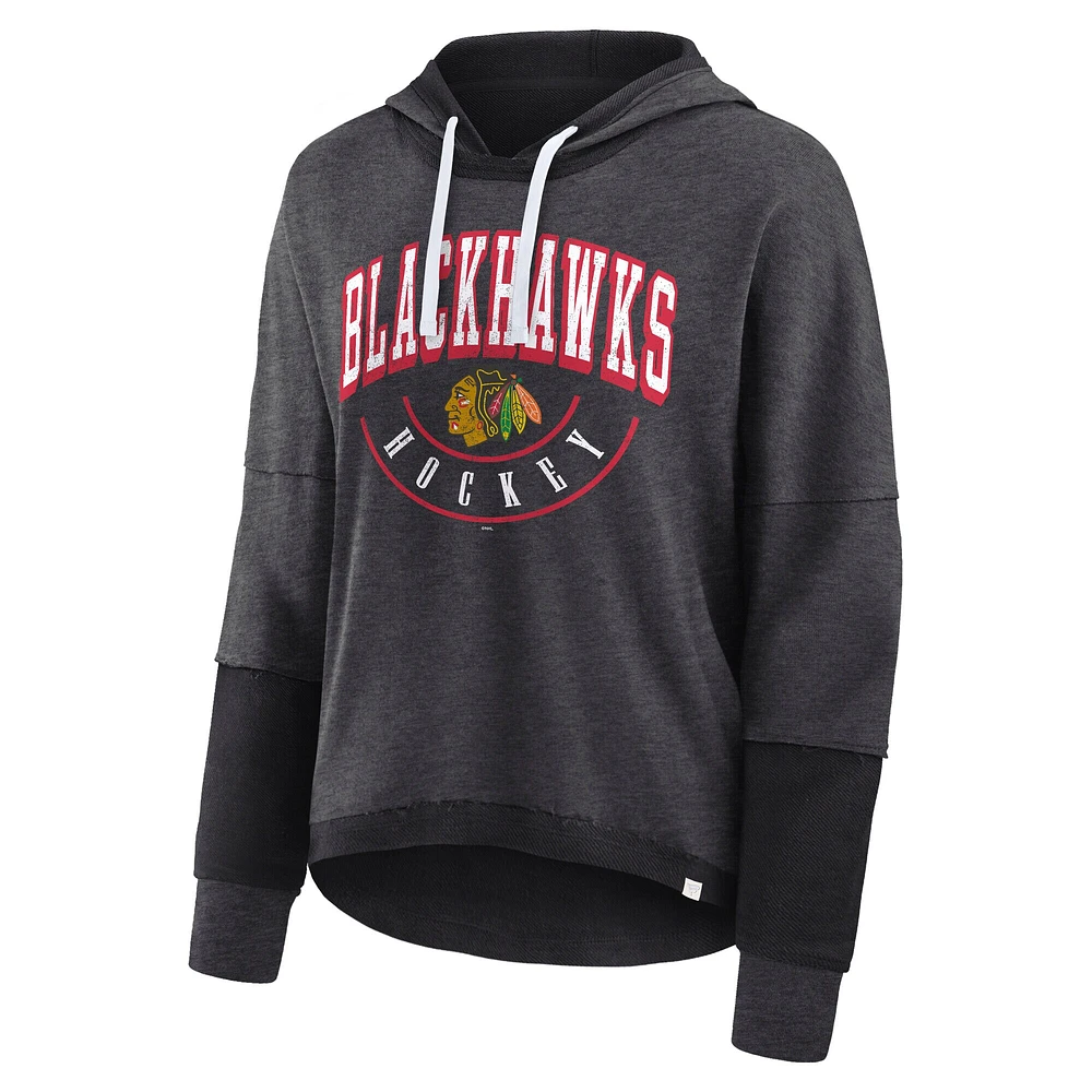 Women's Fanatics Heather Charcoal Chicago Blackhawks Lux Lounge Helmet Arch Pullover Hoodie