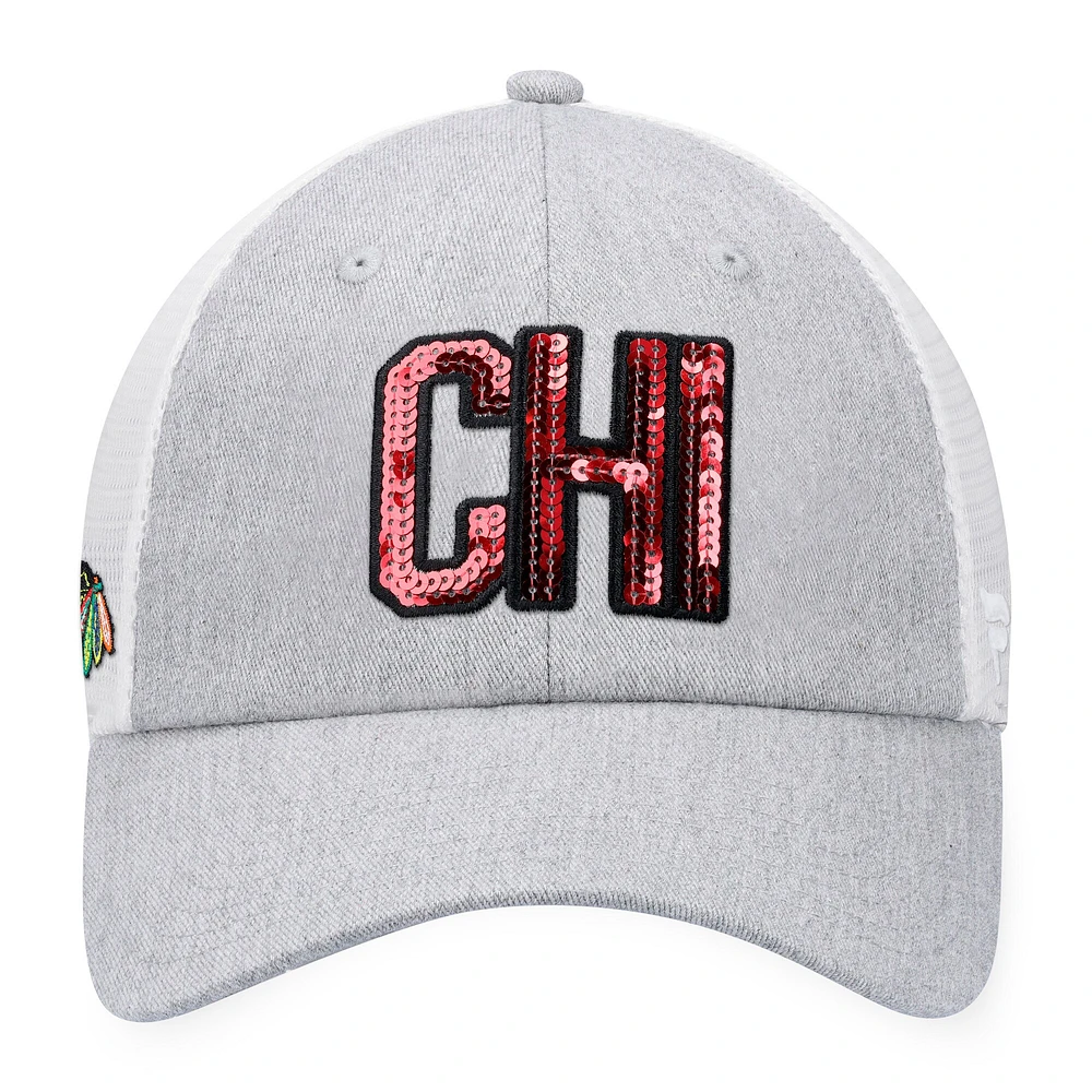 Women's  Fanatics Heather Gray/White Chicago Blackhawks Iconic Glimmer Trucker Snapback Hat