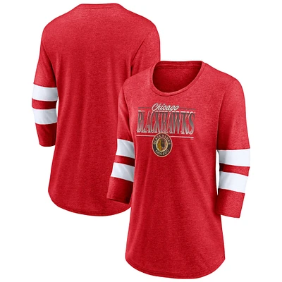 Women's Fanatics Red/White Chicago Blackhawks Vintage Full Shield Tri-Blend Three-Quarter Sleeve T-Shirt