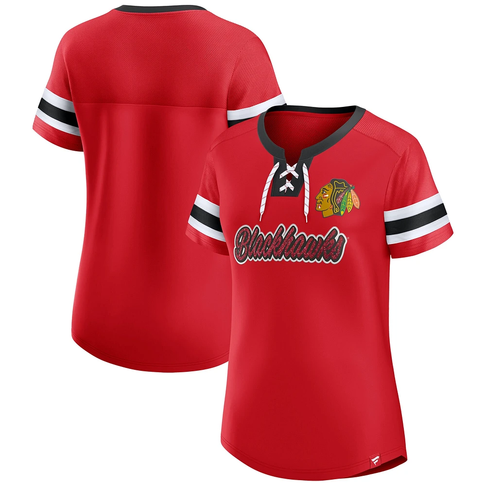 T-shirt à lacets emblématique Athena des Blackhawks de Chicago pour femmes Fanatics Red