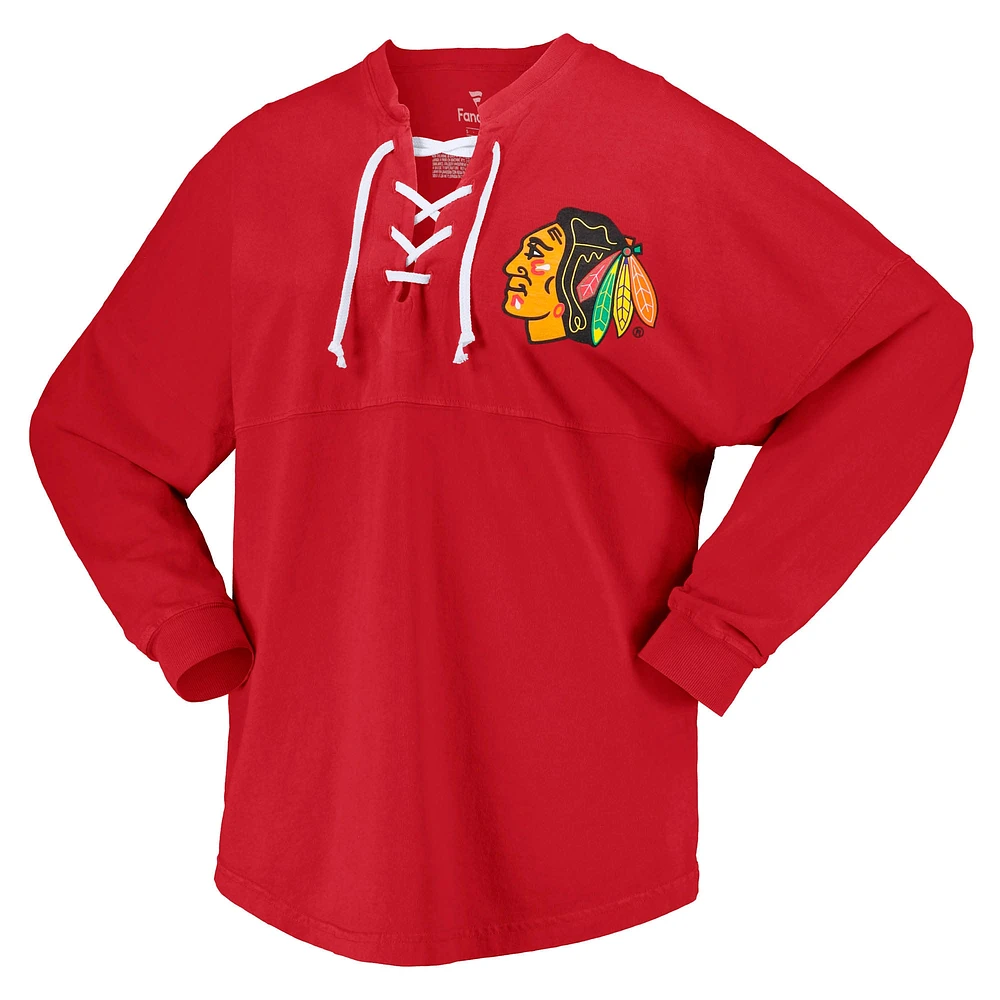Women's Fanatics Red Chicago Blackhawks Spirit Lace-Up V-Neck Long Sleeve Jersey T-Shirt