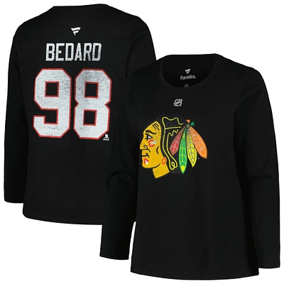Profil femme Connor Bedard Black Chicago Blackhawks T-shirt à manches longues imprimé vieilli avec nom et numéro, grande taille