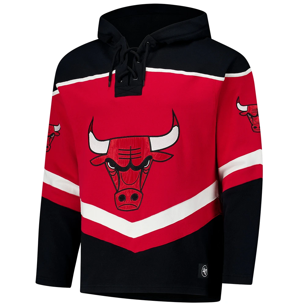 Men's '47 Red Chicago Bulls Oversized Tri-Satin Layup Lacer Pullover Hoodie
