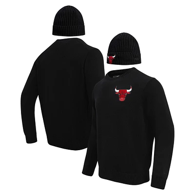 Coffret cadeau pull à col rond et bonnet en tricot revers Pro Standard Black Chicago Bulls pour hommes