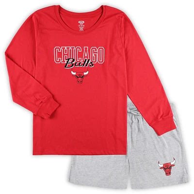 Concepts Sport T-shirt à manches longues et short taille plus Chicago Bulls pour femme Rouge/gris chiné Ensemble de nuit