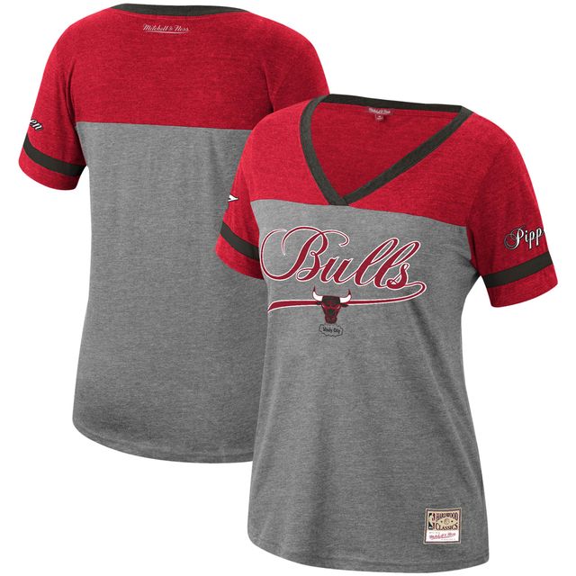 T-shirt à col en V pour femme Mitchell & Ness Scottie Pippen Heathered Charcoal Chicago Bulls Team Captain