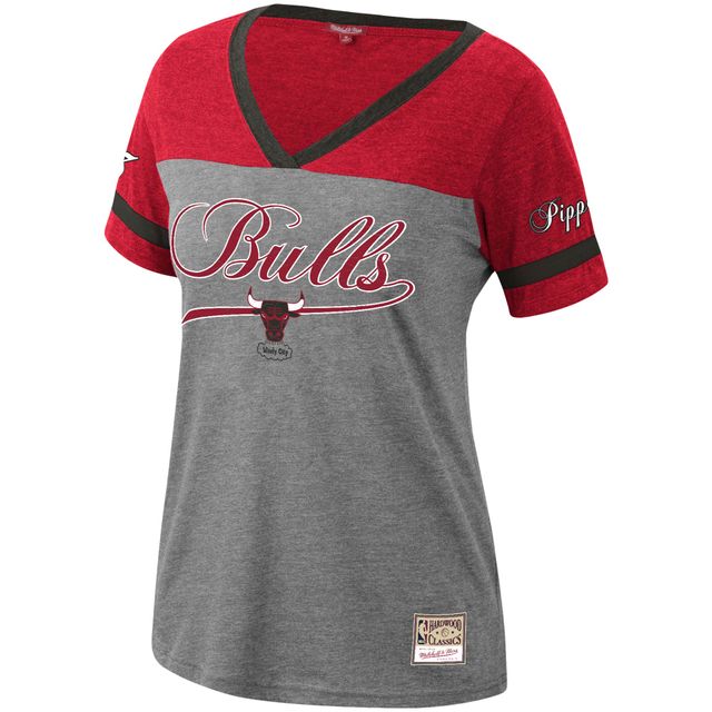 T-shirt à col en V pour femme Mitchell & Ness Scottie Pippen Heathered Charcoal Chicago Bulls Team Captain