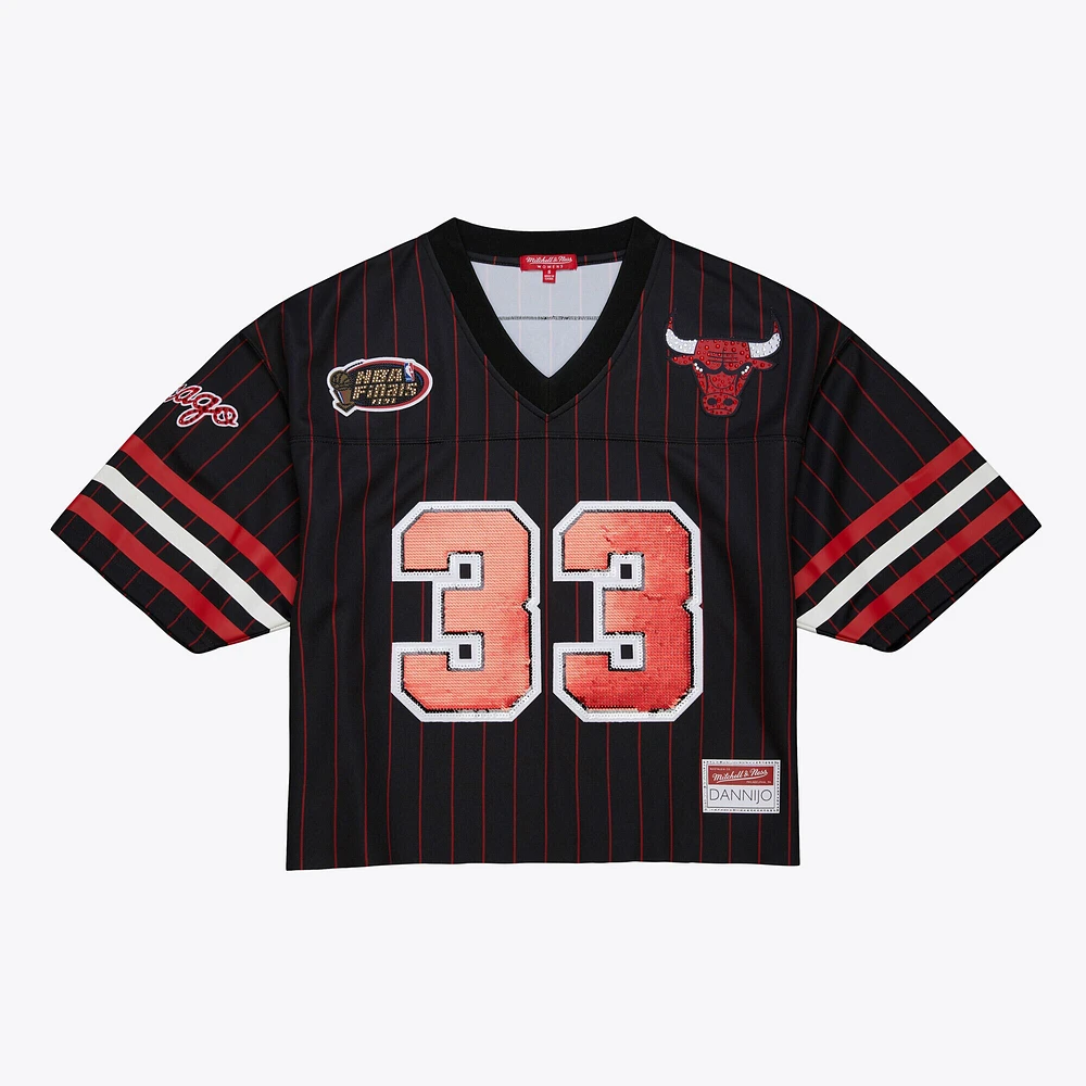 Women's Mitchell & Ness x DANNIJO Scottie Pippen Black Chicago Bulls Cropped Football Fashion Jersey