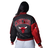 Women's Starter  Black/Red Chicago Bulls Zone Blitz Cropped Full-Snap Satin Jacket