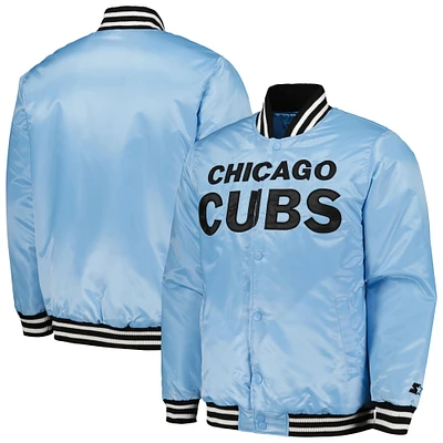 Veste universitaire à bouton-pression en satin pour hommes Starter bleu clair Chicago Cubs Cross Bronx Fashion