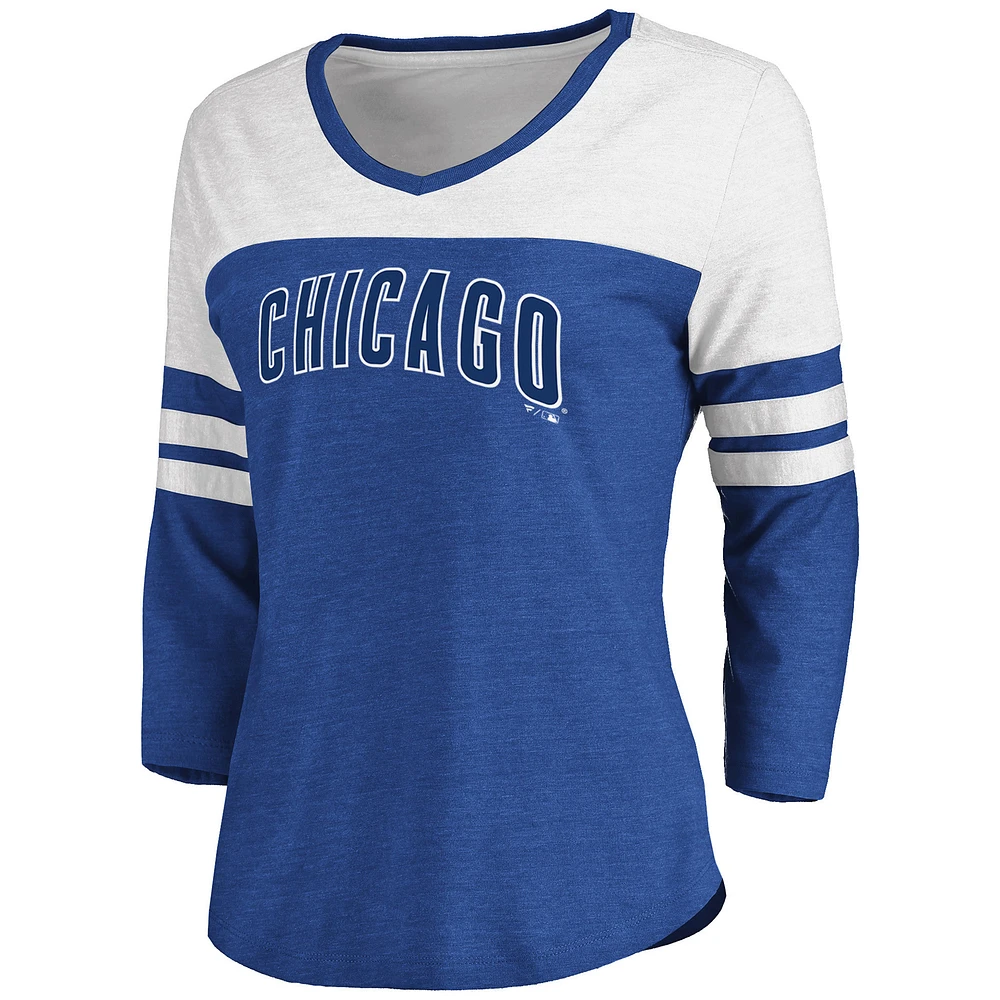 Women's Fanatics Heathered Royal/White Chicago Cubs Official Wordmark 3/4 Sleeve V-Neck T-Shirt