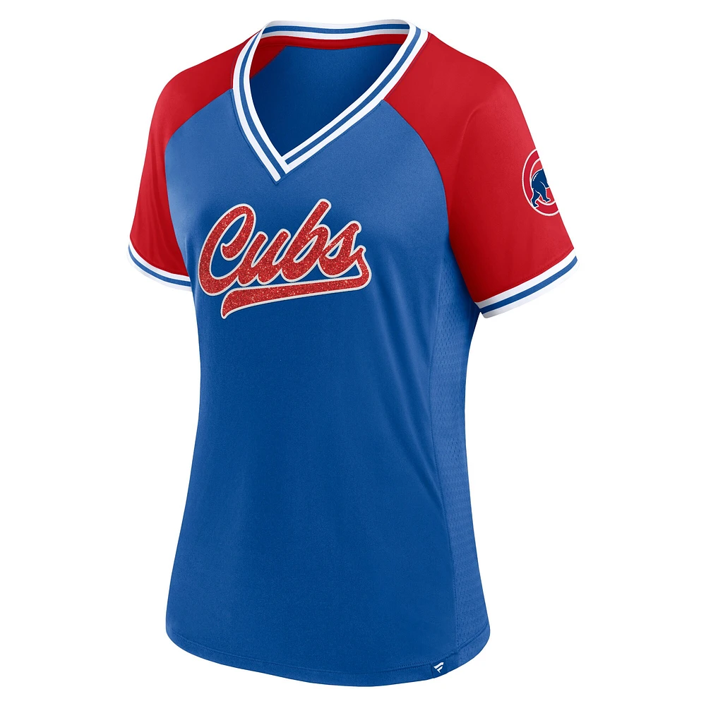 Women's Fanatics Royal Chicago Cubs Glitz & Glam League Diva Raglan V-Neck T-Shirt