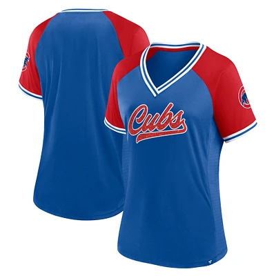 T-shirt à col en V Fanatics Royal Chicago Cubs Glitz & Glam League Diva Raglan pour femmes