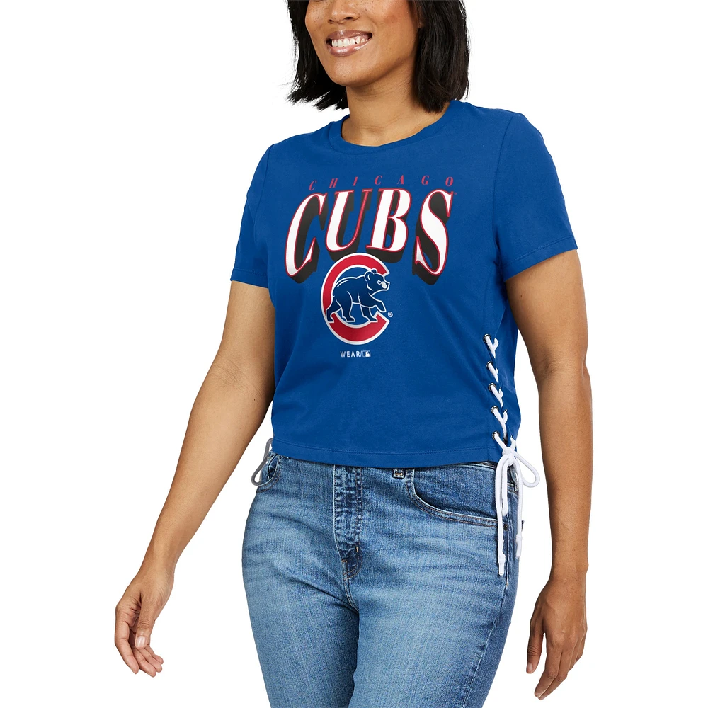 Women's WEAR by Erin Andrews Royal Chicago Cubs Side Lace-Up Cropped T-Shirt