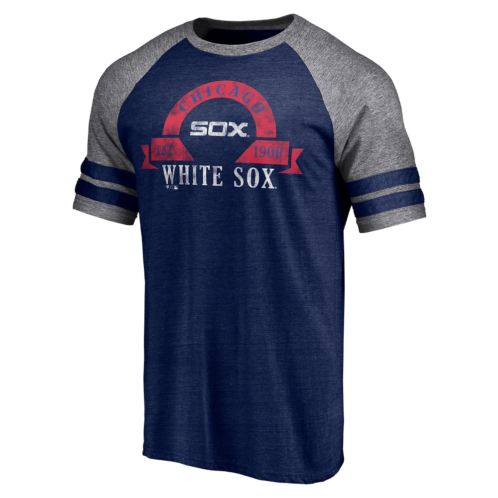 Men's Fanatics Heather Navy Chicago White Sox Utility Two-Stripe Raglan Tri-Blend T-Shirt