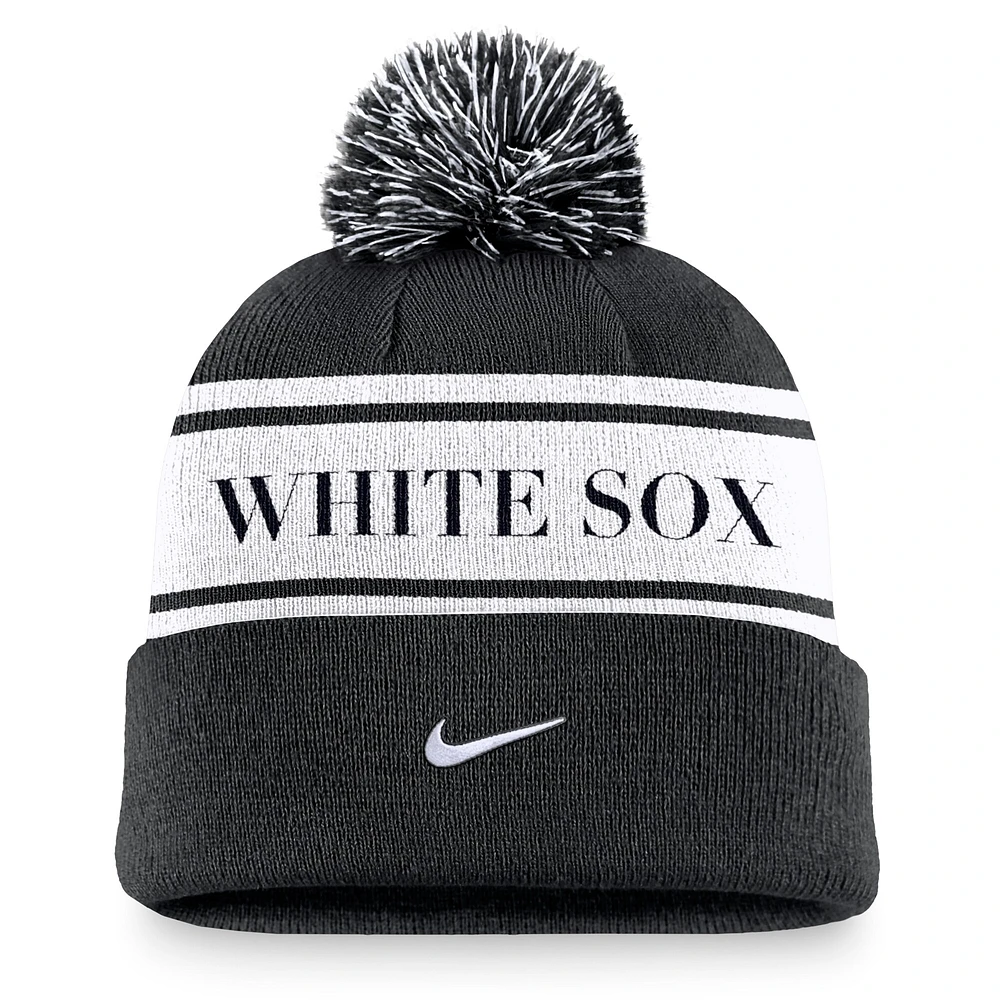 Men's Nike Black Chicago White Sox Team Stripe Peak Cuffed Knit Hat with Pom