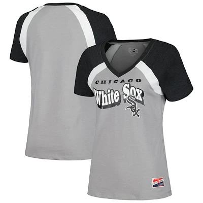 T-shirt raglan chiné New Era pour femme, gris, Chicago White Sox, col en V