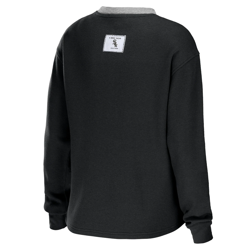 Women's WEAR by Erin Andrews Black Chicago White Sox Waffle Henley Long Sleeve T-Shirt