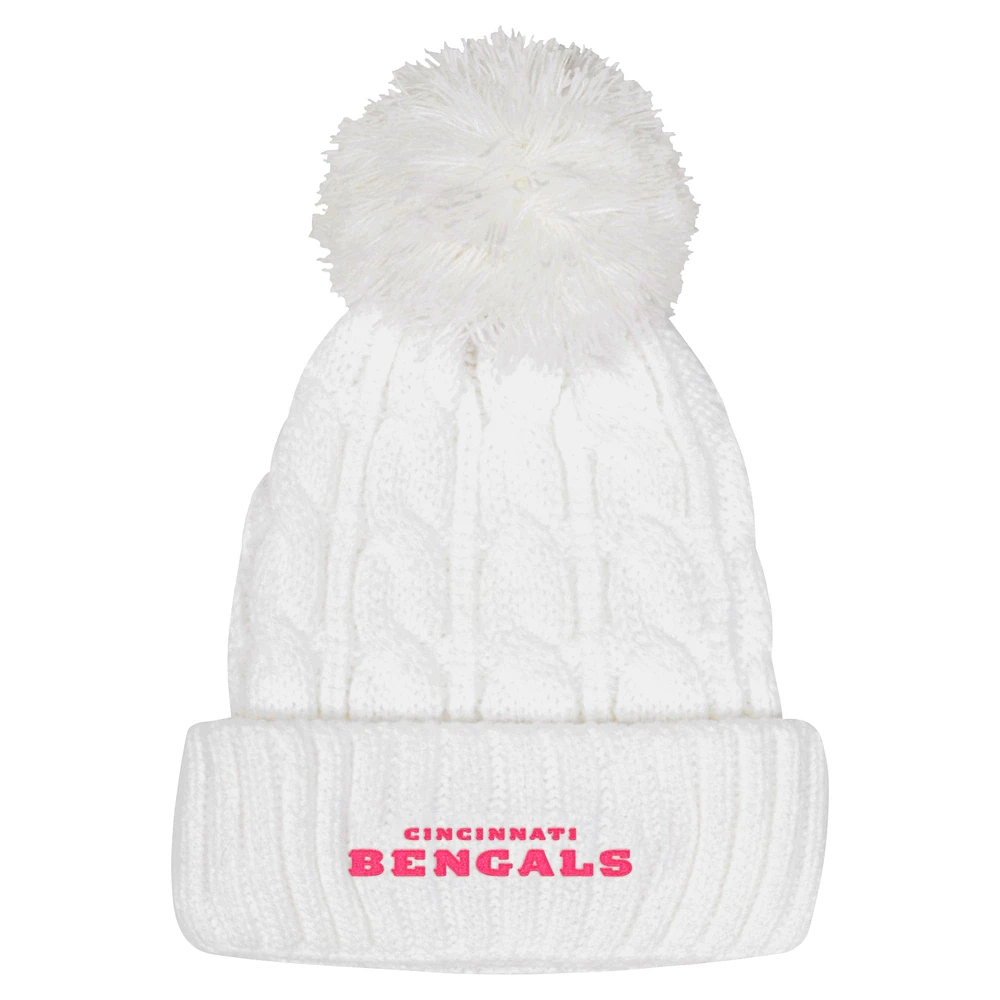 Girls Youth White Cincinnati Bengals Cable Cuffed Knit Hat with Pom
