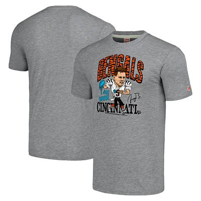 T-shirt triple mélange Hommage Joe Burrow pour hommes, gris chiné, joueur de caricature des Bengals Cincinnati