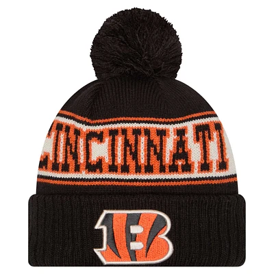 Bonnet en tricot à revers rétro Cincinnati Bengals New Era noir pour homme avec pompon