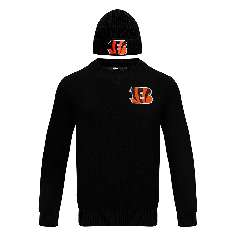 Men's Pro Standard Black Cincinnati Bengals Crewneck Pullover Sweater & Cuffed Knit Hat Box Gift Set