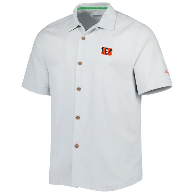 Chemise boutonnée pour homme Tommy Bahama Grey Cincinnati Bengals Coconut Point Frondly Fan Camp IslandZone