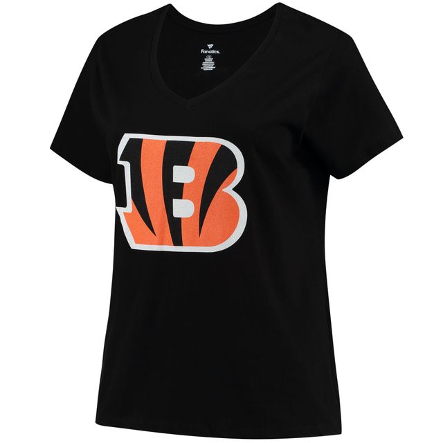 T-shirt col en V noir Joe Burrow pour femme avec nom et numéro Fair Catch des Bengals de Cincinnati, grande taille
