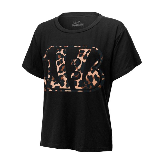 T-shirt noir pour femme Majestic Threads Joe Burrow avec nom et numéro de joueur des Bengals Cincinnati Leopard