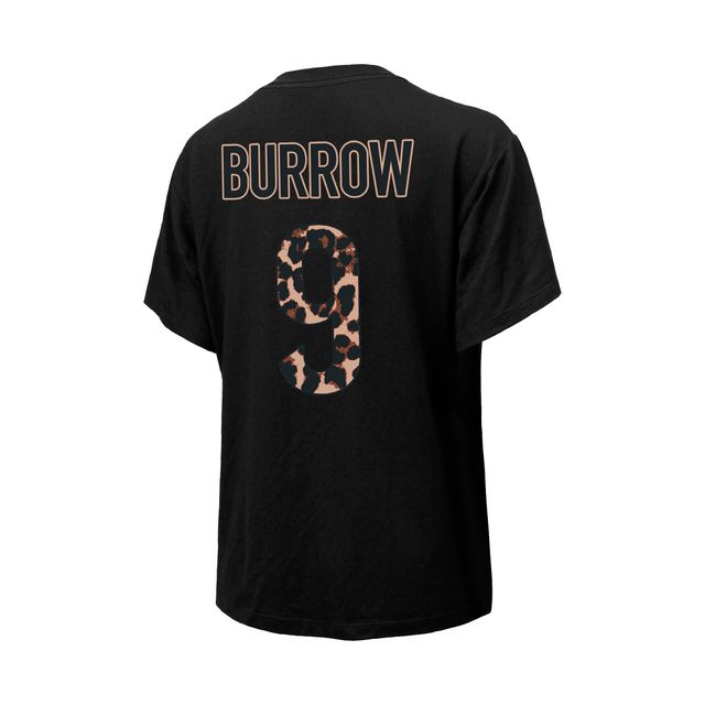 T-shirt noir pour femme Majestic Threads Joe Burrow avec nom et numéro de joueur des Bengals Cincinnati Leopard