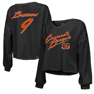 T-shirt court à manches longues et col en V Majestic Threads Joe Burrow pour femmes, noir, nom numéro des Bengals de Cincinnati