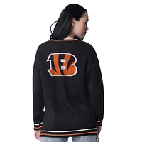 Women's Starter Black Cincinnati Bengals Oversized On the Ball Intarsia Knit Pullover Sweater