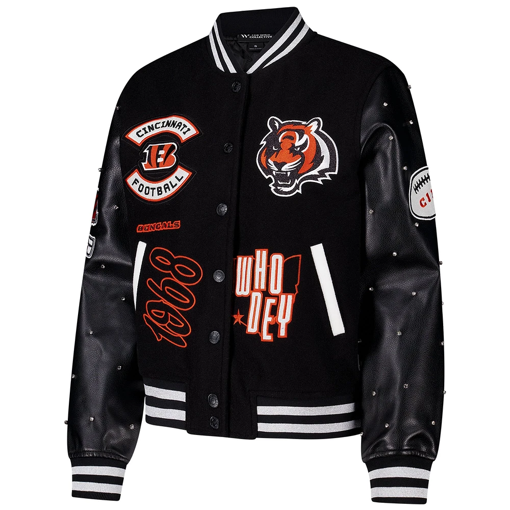 Women's The Wild Collective Black Cincinnati Bengals Varsity Full-Snap Sparkle Jacket