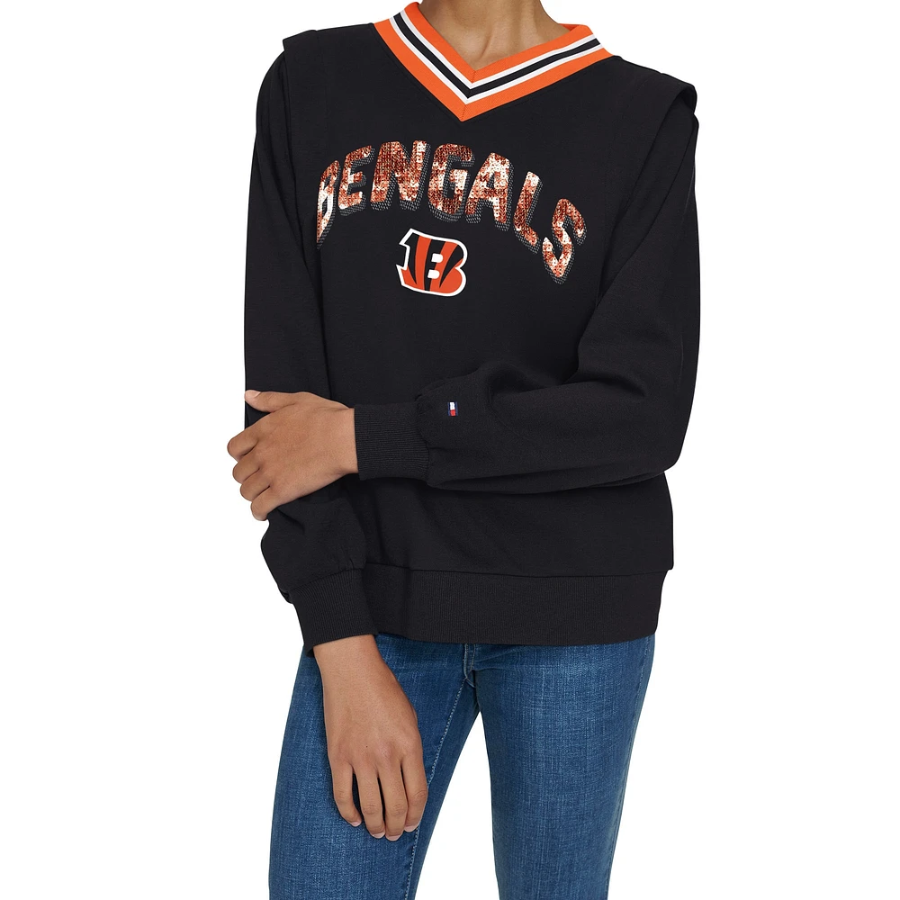 Women's Tommy Hilfiger Black Cincinnati Bengals Alice V-Neck Pullover Sweatshirt