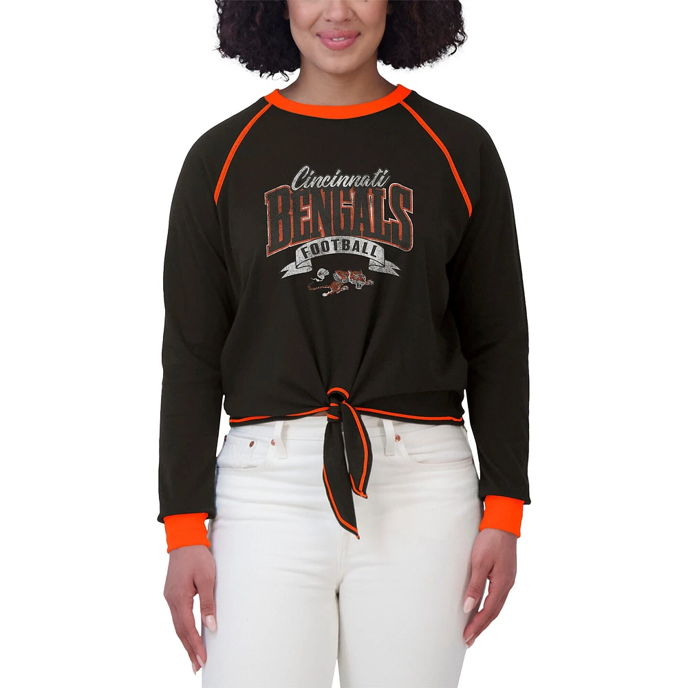 Women's WEAR by Erin Andrews Black/Orange Cincinnati Bengals Tie-Front Long Sleeve Top