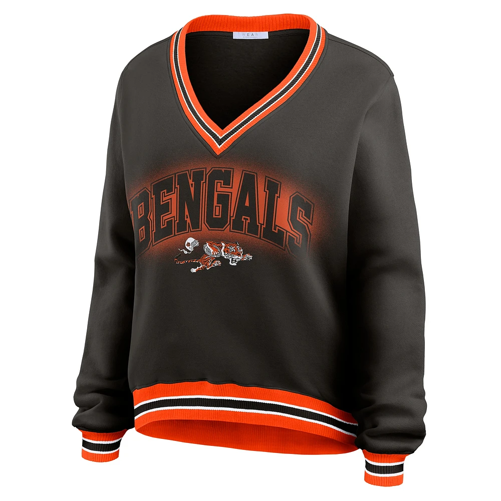 Women's WEAR by Erin Andrews Black Cincinnati Bengals Oversized Long Sleeve V-Neck Sweatshirt