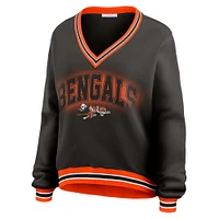 Women's WEAR by Erin Andrews Black Cincinnati Bengals Oversized Long Sleeve V-Neck Sweatshirt