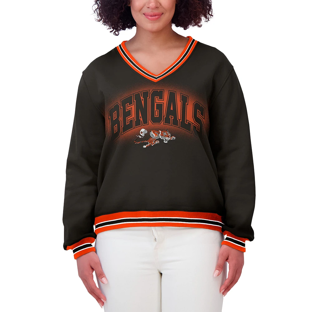 Women's WEAR by Erin Andrews Black Cincinnati Bengals Oversized Long Sleeve V-Neck Sweatshirt