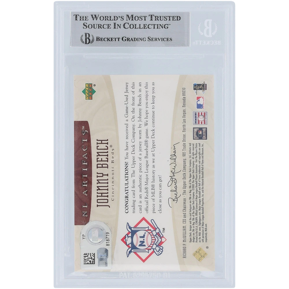 Johnny Bench Cincinnati Reds Autographed 2005 Upper Deck Artifacts Rainbow Jersey Relic #BE #/99 Beckett Fanatics Witnessed Authenticated Card 